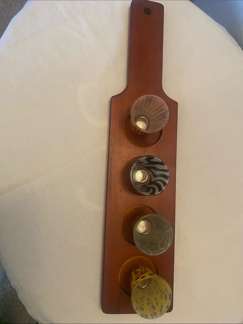 Wooden Paddle with 4 Shot Glasses